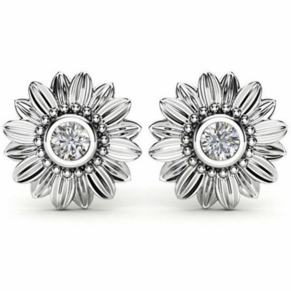 Sterling Silver Diamond Sunflower Stud Earrings - Picture 1 of 2